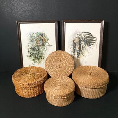 LOT 58: Vintage Native American Harrison Art Work by Artist Harrison Fisher and Four Woven Baskets with Lids