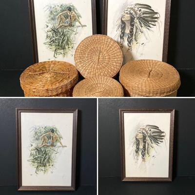 LOT 58: Vintage Native American Harrison Art Work by Artist Harrison Fisher and Four Woven Baskets with Lids
