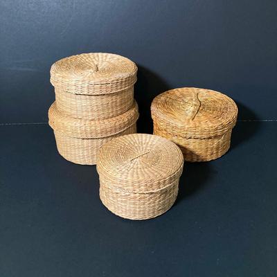 LOT 58: Vintage Native American Harrison Art Work by Artist Harrison Fisher and Four Woven Baskets with Lids