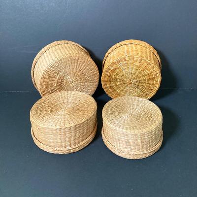 LOT 58: Vintage Native American Harrison Art Work by Artist Harrison Fisher and Four Woven Baskets with Lids