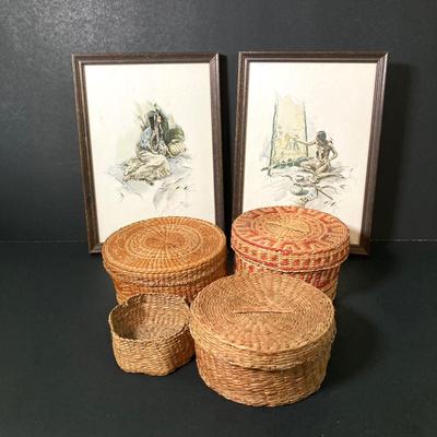 LOT 59: Harrison Fisher Native American Art Work and Collection of Woven Baskets