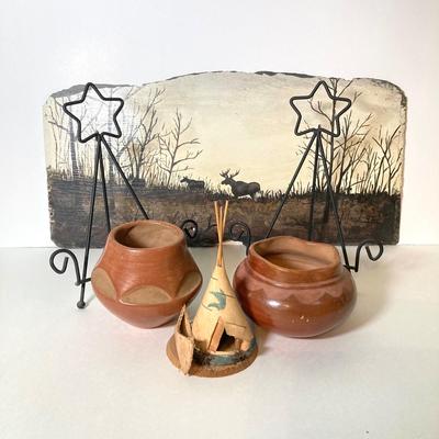 LOT 60: Vintage Pottery, Painted Slate Signed Hilliard 97 Artwork, Easels and More