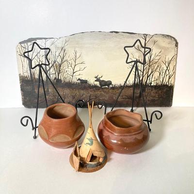 LOT 60: Vintage Pottery, Painted Slate Signed Hilliard 97 Artwork, Easels and More