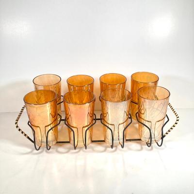 LOT 68: Carnival Glass Glasses with Metal Carrying Rack and Pitcher with Ice Lip