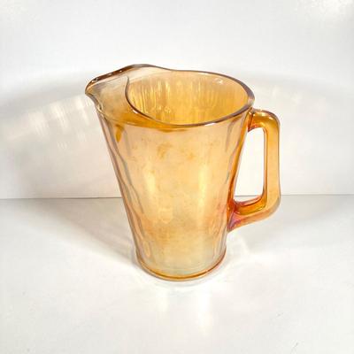 LOT 68: Carnival Glass Glasses with Metal Carrying Rack and Pitcher with Ice Lip