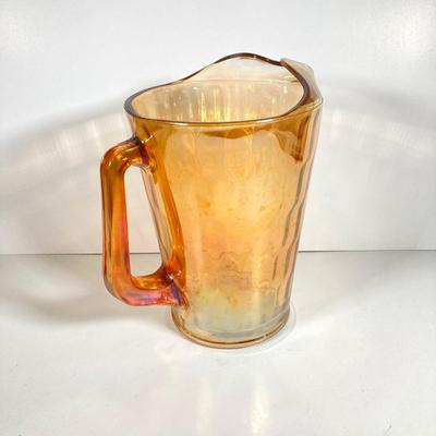 LOT 68: Carnival Glass Glasses with Metal Carrying Rack and Pitcher with Ice Lip