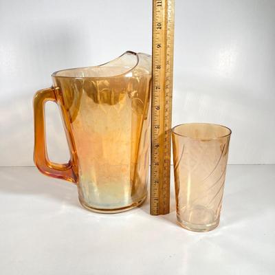 LOT 68: Carnival Glass Glasses with Metal Carrying Rack and Pitcher with Ice Lip