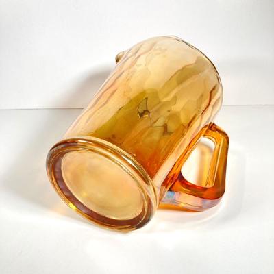 LOT 68: Carnival Glass Glasses with Metal Carrying Rack and Pitcher with Ice Lip