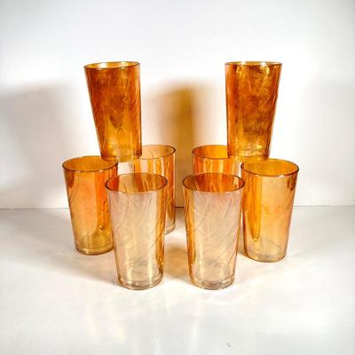 LOT 68: Carnival Glass Glasses with Metal Carrying Rack and Pitcher with Ice Lip