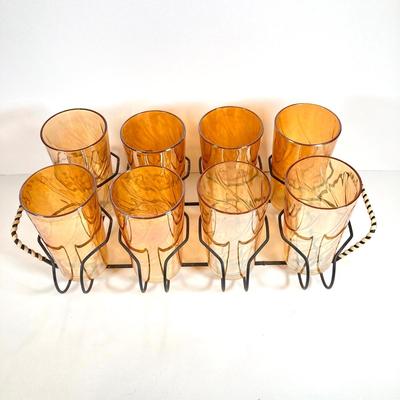 LOT 68: Carnival Glass Glasses with Metal Carrying Rack and Pitcher with Ice Lip