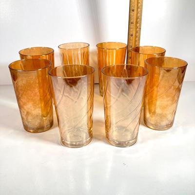 LOT 68: Carnival Glass Glasses with Metal Carrying Rack and Pitcher with Ice Lip