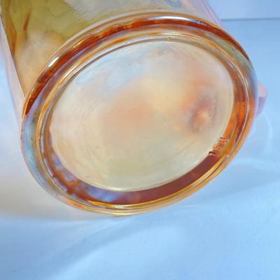 LOT 68: Carnival Glass Glasses with Metal Carrying Rack and Pitcher with Ice Lip