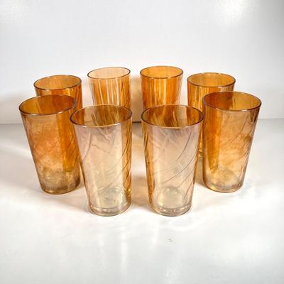 LOT 68: Carnival Glass Glasses with Metal Carrying Rack and Pitcher with Ice Lip