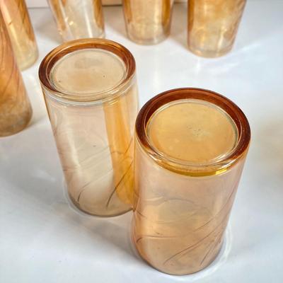 LOT 68: Carnival Glass Glasses with Metal Carrying Rack and Pitcher with Ice Lip