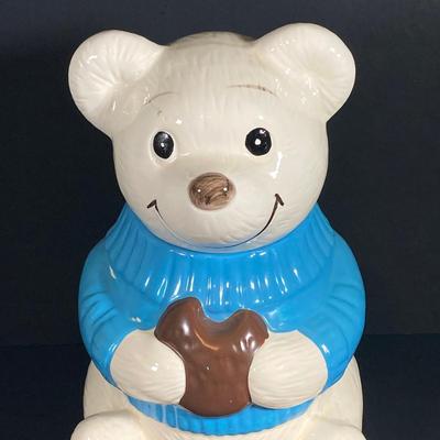 LOT 81: Vintage Metlox Pottery Bear in Blue Sweater Cookie Jar