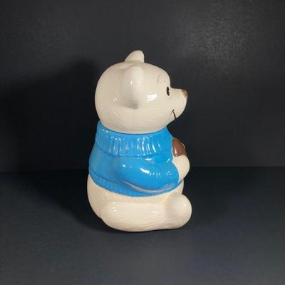 LOT 81: Vintage Metlox Pottery Bear in Blue Sweater Cookie Jar