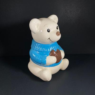 LOT 81: Vintage Metlox Pottery Bear in Blue Sweater Cookie Jar