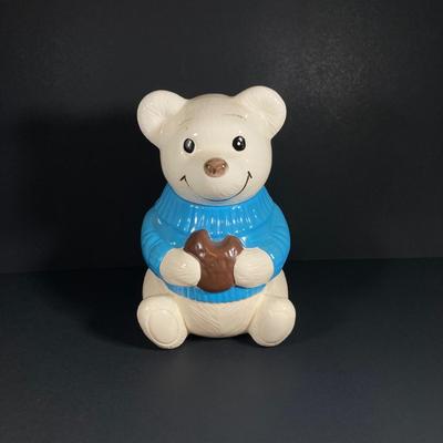 LOT 81: Vintage Metlox Pottery Bear in Blue Sweater Cookie Jar