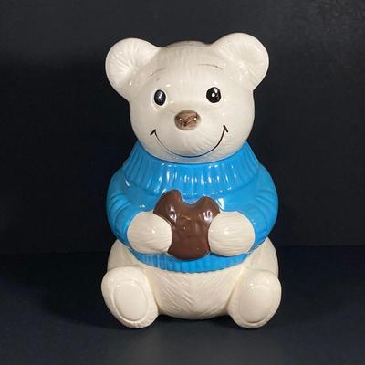 LOT 81: Vintage Metlox Pottery Bear in Blue Sweater Cookie Jar