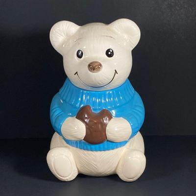 LOT 81: Vintage Metlox Pottery Bear in Blue Sweater Cookie Jar