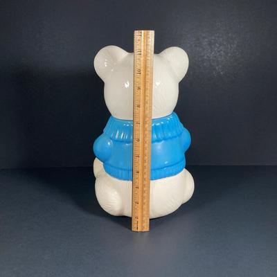 LOT 81: Vintage Metlox Pottery Bear in Blue Sweater Cookie Jar