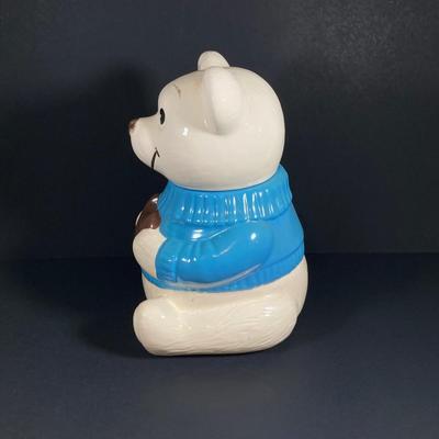 LOT 81: Vintage Metlox Pottery Bear in Blue Sweater Cookie Jar