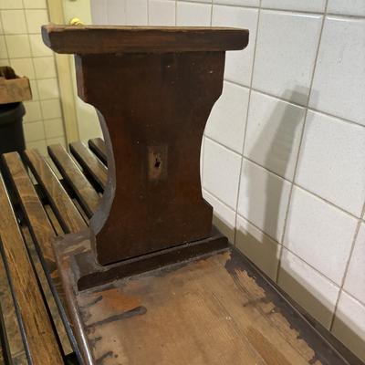 LOT 82: Handcrafted Credenza/Side Table & Bench, Cast Iron Cat Doorstop, Wooden Chicken & More