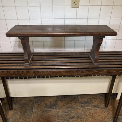 LOT 82: Handcrafted Credenza/Side Table & Bench, Cast Iron Cat Doorstop, Wooden Chicken & More
