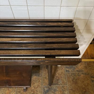 LOT 82: Handcrafted Credenza/Side Table & Bench, Cast Iron Cat Doorstop, Wooden Chicken & More