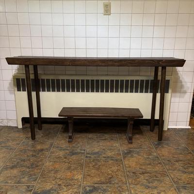 LOT 82: Handcrafted Credenza/Side Table & Bench, Cast Iron Cat Doorstop, Wooden Chicken & More