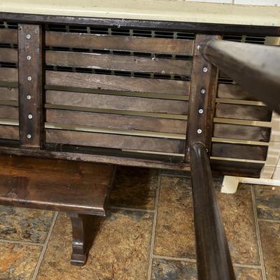 LOT 82: Handcrafted Credenza/Side Table & Bench, Cast Iron Cat Doorstop, Wooden Chicken & More