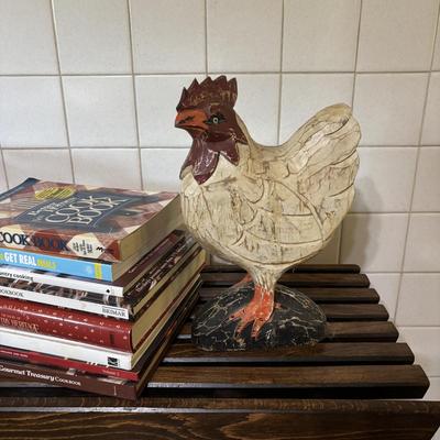 LOT 82: Handcrafted Credenza/Side Table & Bench, Cast Iron Cat Doorstop, Wooden Chicken & More