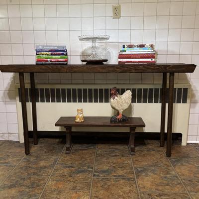 LOT 82: Handcrafted Credenza/Side Table & Bench, Cast Iron Cat Doorstop, Wooden Chicken & More