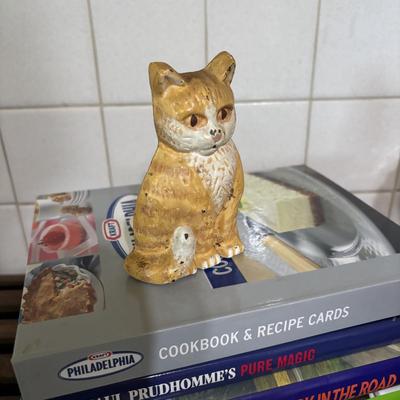 LOT 82: Handcrafted Credenza/Side Table & Bench, Cast Iron Cat Doorstop, Wooden Chicken & More