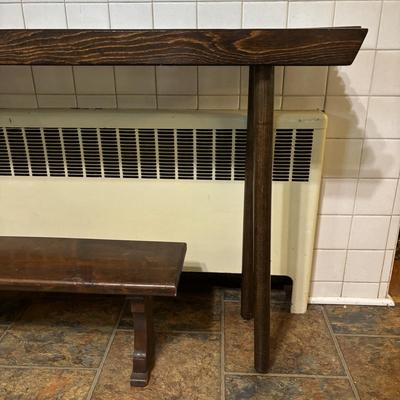 LOT 82: Handcrafted Credenza/Side Table & Bench, Cast Iron Cat Doorstop, Wooden Chicken & More