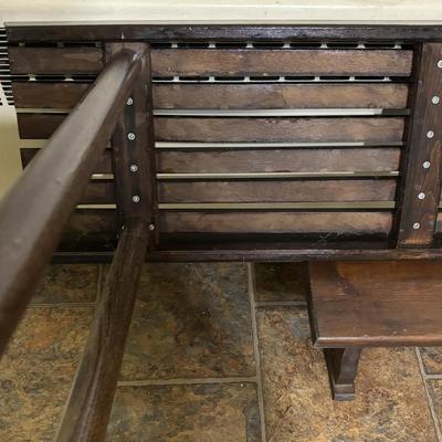 LOT 82: Handcrafted Credenza/Side Table & Bench, Cast Iron Cat Doorstop, Wooden Chicken & More