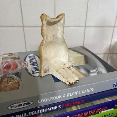 LOT 82: Handcrafted Credenza/Side Table & Bench, Cast Iron Cat Doorstop, Wooden Chicken & More