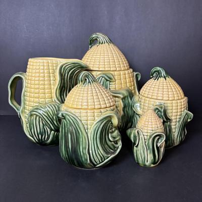 LOT 96: Vintage Stanford Ware Ceramic Corncob Collection: Cookie Jar, Pitcher, Covered Bowls