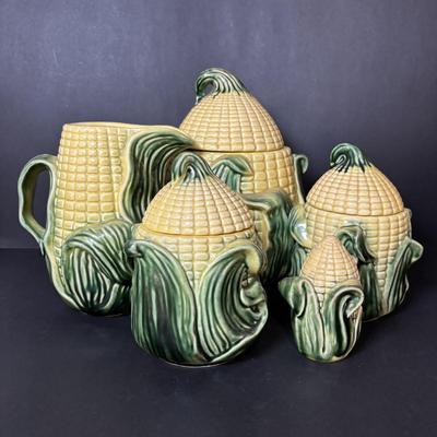 LOT 96: Vintage Stanford Ware Ceramic Corncob Collection: Cookie Jar, Pitcher, Covered Bowls