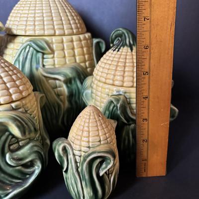 LOT 96: Vintage Stanford Ware Ceramic Corncob Collection: Cookie Jar, Pitcher, Covered Bowls