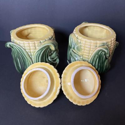 LOT 96: Vintage Stanford Ware Ceramic Corncob Collection: Cookie Jar, Pitcher, Covered Bowls
