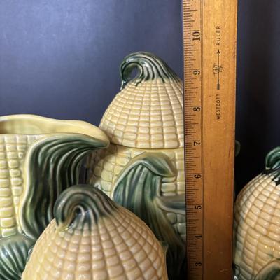 LOT 96: Vintage Stanford Ware Ceramic Corncob Collection: Cookie Jar, Pitcher, Covered Bowls