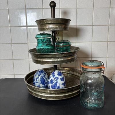 LOT 98: Vintage & Home Decor Kitchen Collection: Rolling Pins, Mason Jars, Ceramic Rooster, 3-Tier Tray, Large Basket & More