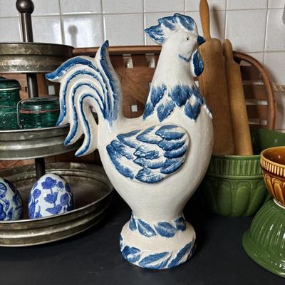 LOT 98: Vintage & Home Decor Kitchen Collection: Rolling Pins, Mason Jars, Ceramic Rooster, 3-Tier Tray, Large Basket & More