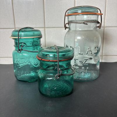 LOT 98: Vintage & Home Decor Kitchen Collection: Rolling Pins, Mason Jars, Ceramic Rooster, 3-Tier Tray, Large Basket & More