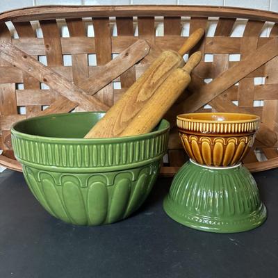 LOT 98: Vintage & Home Decor Kitchen Collection: Rolling Pins, Mason Jars, Ceramic Rooster, 3-Tier Tray, Large Basket & More