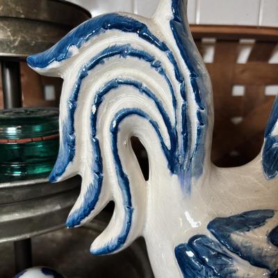 LOT 98: Vintage & Home Decor Kitchen Collection: Rolling Pins, Mason Jars, Ceramic Rooster, 3-Tier Tray, Large Basket & More