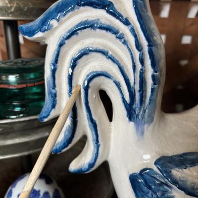 LOT 98: Vintage & Home Decor Kitchen Collection: Rolling Pins, Mason Jars, Ceramic Rooster, 3-Tier Tray, Large Basket & More
