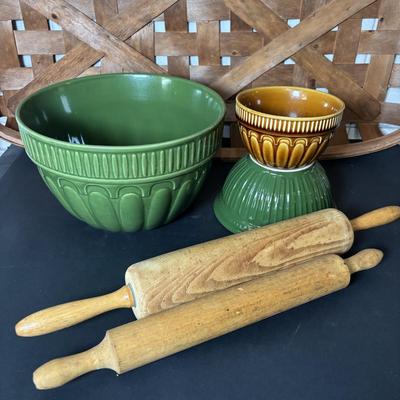 LOT 98: Vintage & Home Decor Kitchen Collection: Rolling Pins, Mason Jars, Ceramic Rooster, 3-Tier Tray, Large Basket & More