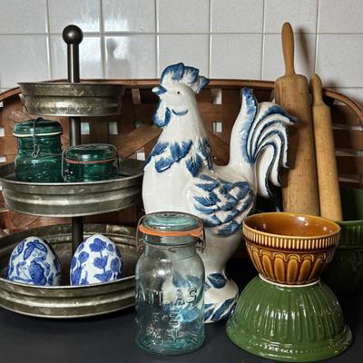 LOT 98: Vintage & Home Decor Kitchen Collection: Rolling Pins, Mason Jars, Ceramic Rooster, 3-Tier Tray, Large Basket & More